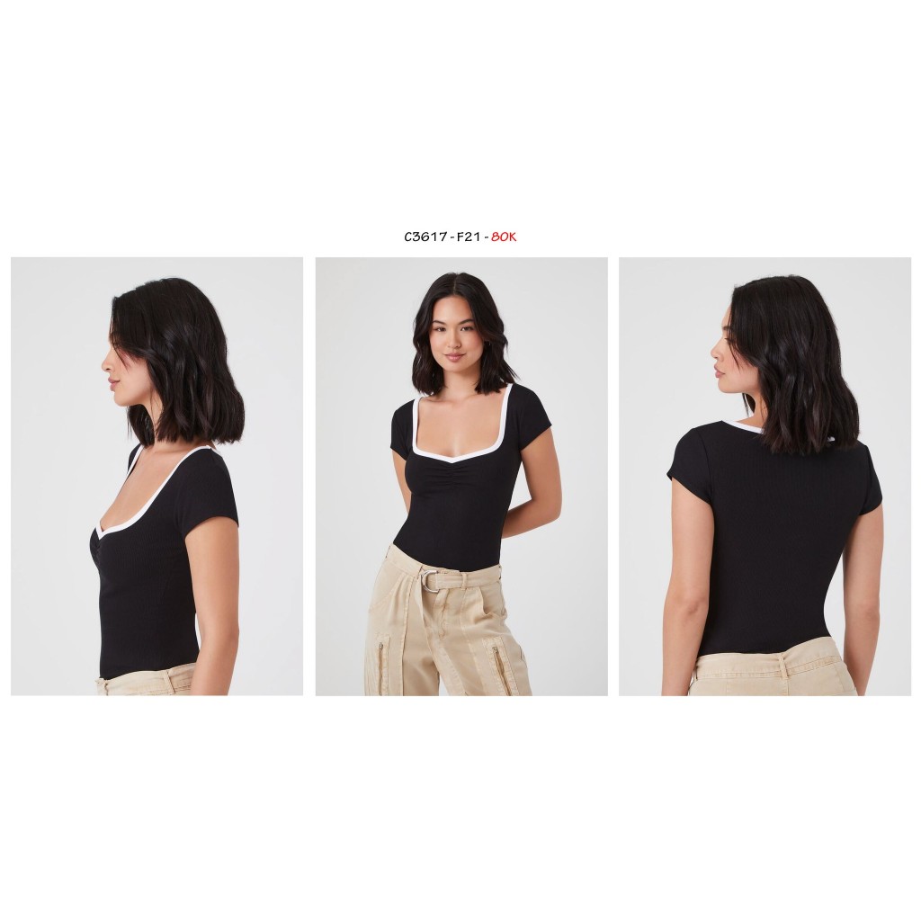 C3617 - 	Bodysuit thun gân F21 cổ V tay ngắn nhún thun trơn