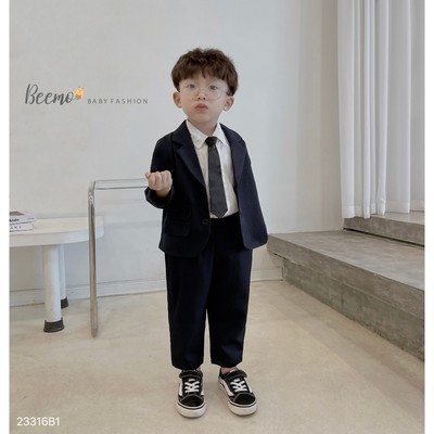 Set bộ vest dài tay (tặng cà vạt) Beemo cho bé trai,phối áo 2 túi vải text chéo mềm mại, mặc sự kiện, tết 23316B1