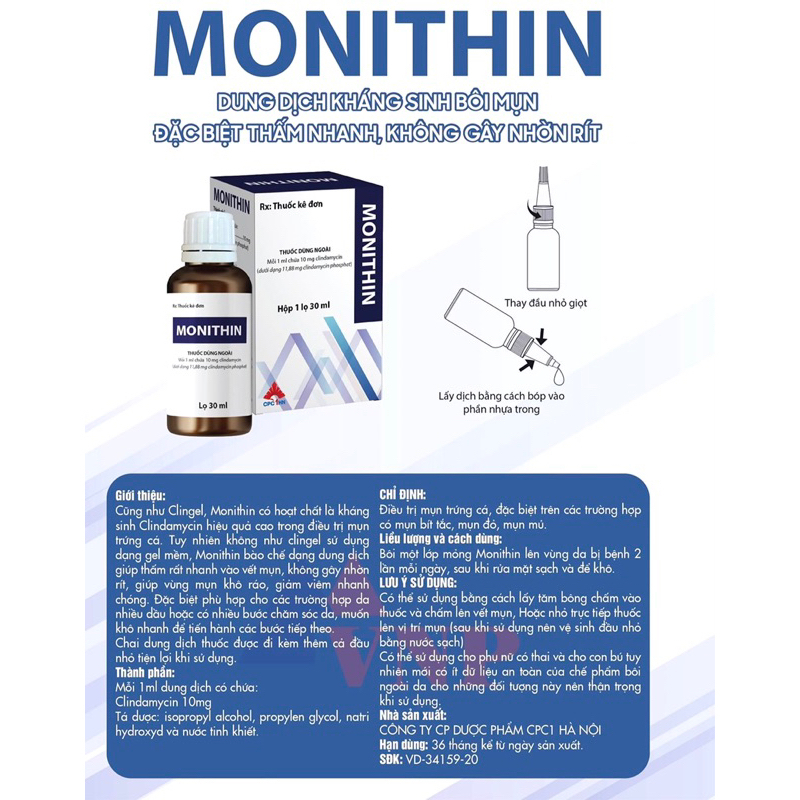 Dung dịch chấm mụn MONITHIN, giảm mụn trứng cá, mụn sưng, mụn mủ - Dr. Beauty