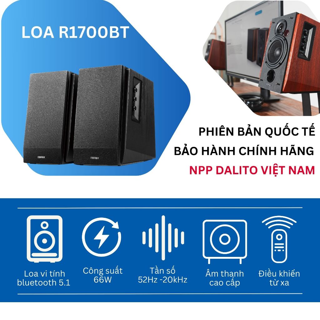 Loa EDIFIER R1700BT Bluetooth 5.1 Aptx HD Máy tính để bàn Công suất 66W, Điều khiển từ xa- Hàng chính hãng | BH 12 tháng