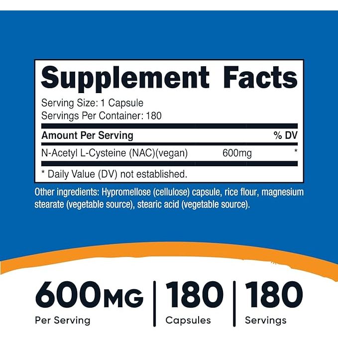 Viên uống NAC Vegan N-Acetyl L-Cysteine 600mg x 180 viên hỗ trợ sức khỏe giải độc gan từ thương hiệu NUTRICOST