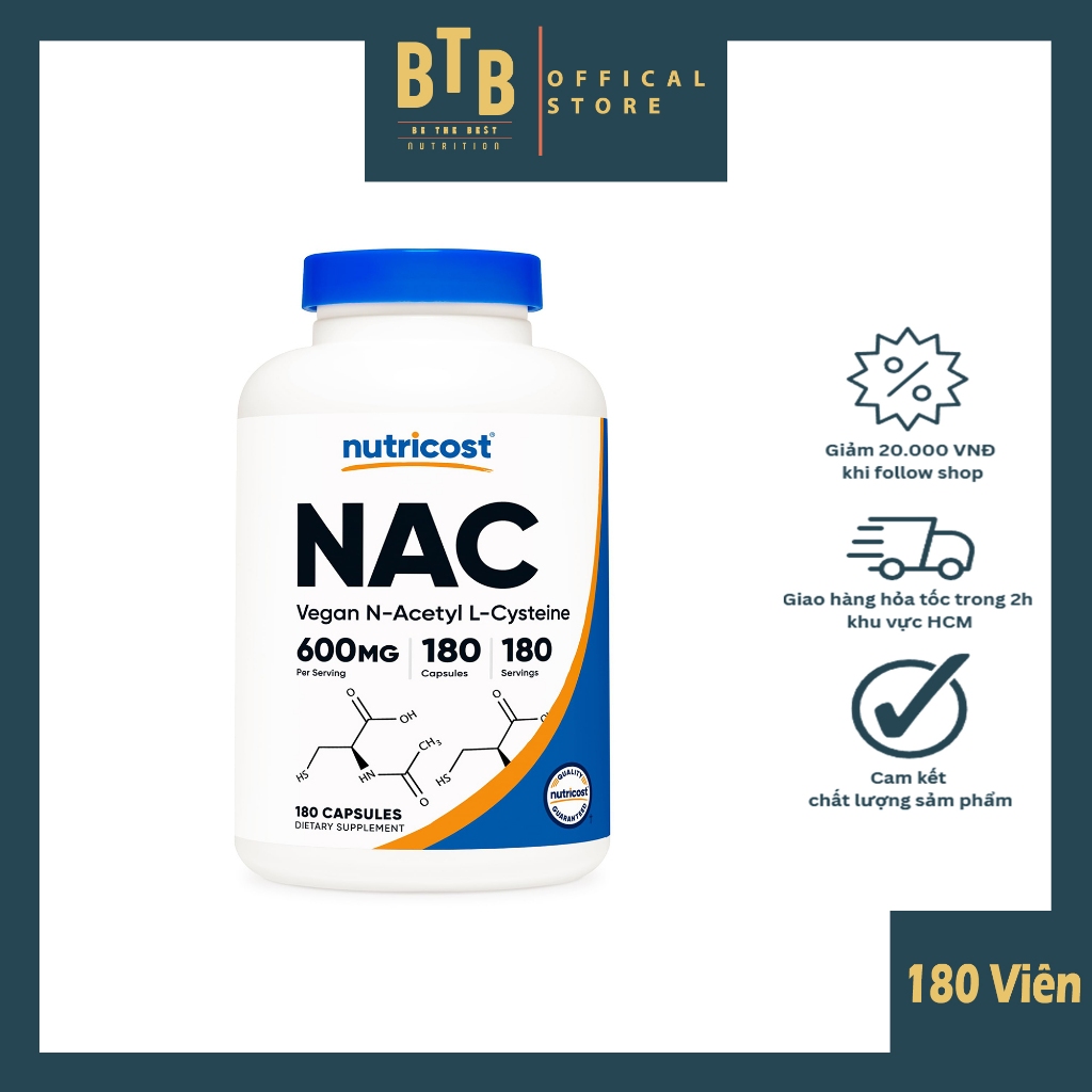 Viên uống NAC Vegan N-Acetyl L-Cysteine 600mg x 180 viên hỗ trợ sức khỏe giải độc gan từ thương hiệu NUTRICOST
