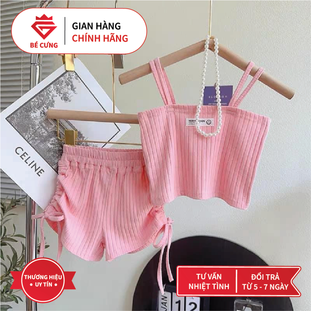 Set Áo Dây Thun Gân Hồng Mềm Mịn + Quần Đùi Rút Dây Hồng Co Giãn Dành Cho Bé Gái [Bé Cưng Kids]