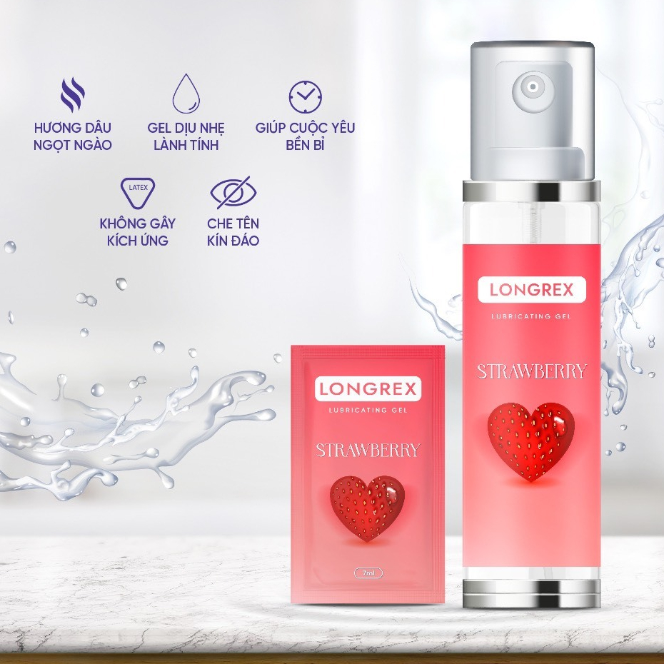 Gel bôi trơn Longrex gốc nước STRAWBERRY hương dâu tây ngọt ngào giúp cuộc yêu bền bỉ, che tên kín đáo