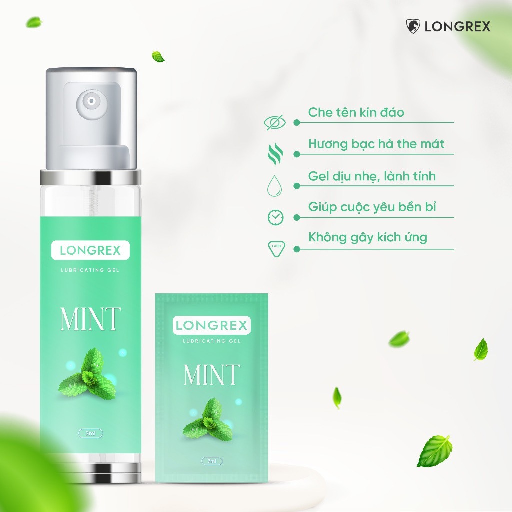 Gel bôi trơn Longrex gốc nước MINT hương bạc hà the mát giúp cuộc yêu bền bỉ, che tên kín đáo (gói 7ml)