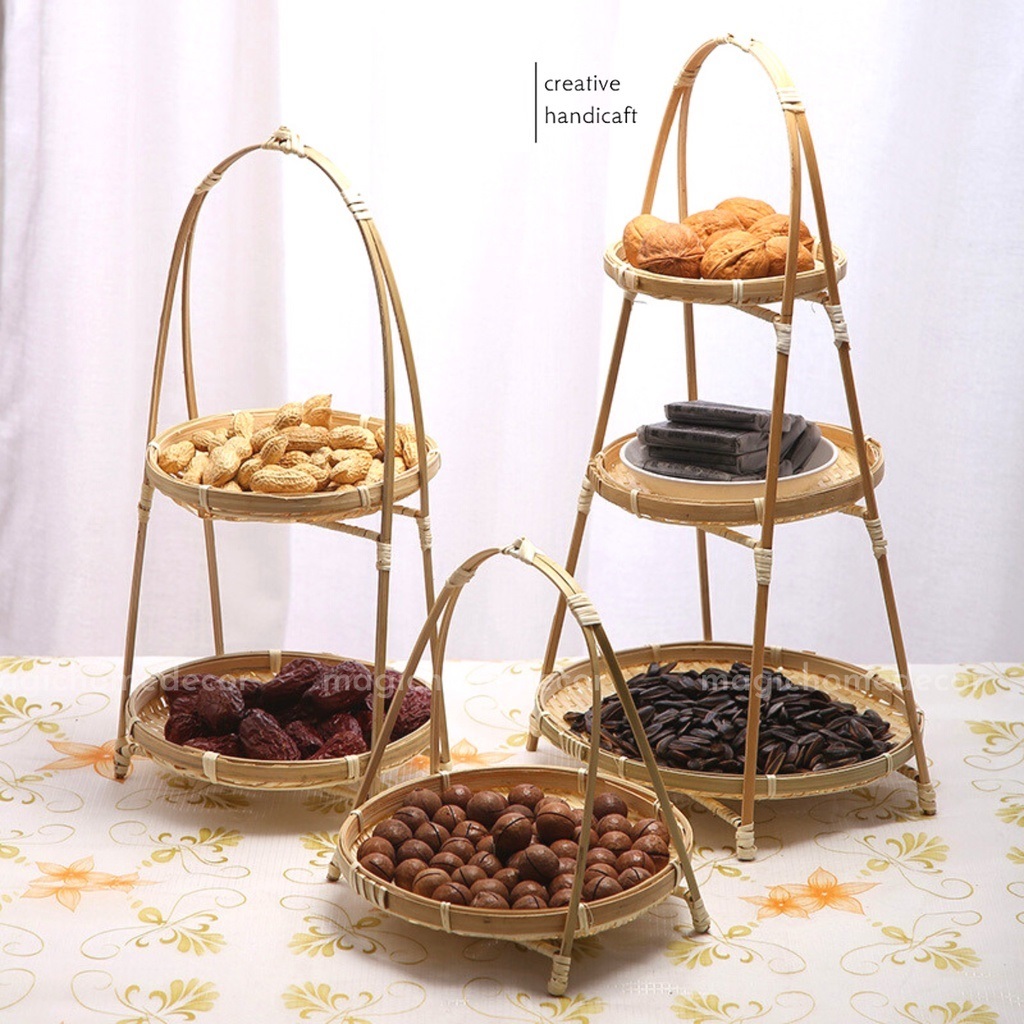 Mẹt tre tầng, mẹt tre 1 2 3 tầng đựng bánh kẹo mứt tết đồ ăn, trang trí phụ kiện decor chụp ảnh