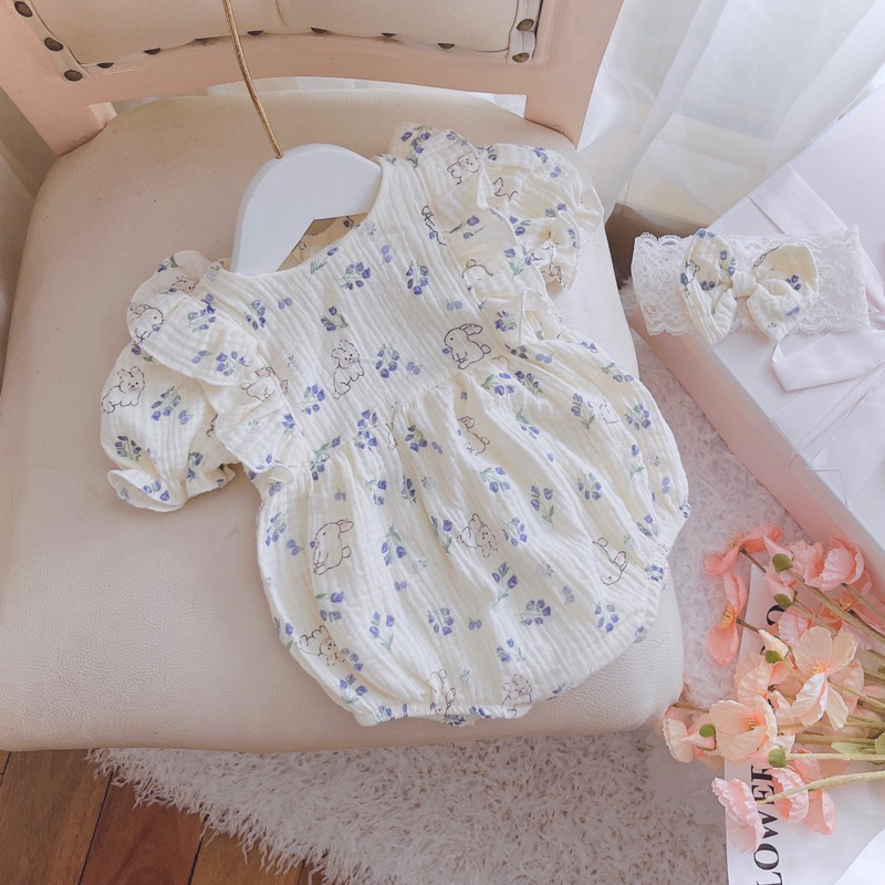 Bodysuit Cho Bé Thỏ Hoa Tím Bèo Vai Chất Xô Muslin Kèm Turban Nơ Xinh