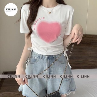 Áo Croptop in Romantic phối dây rút 2 bên Chất thun borip co giãn Áo thun tay ngắn cổ tròn Cilinn