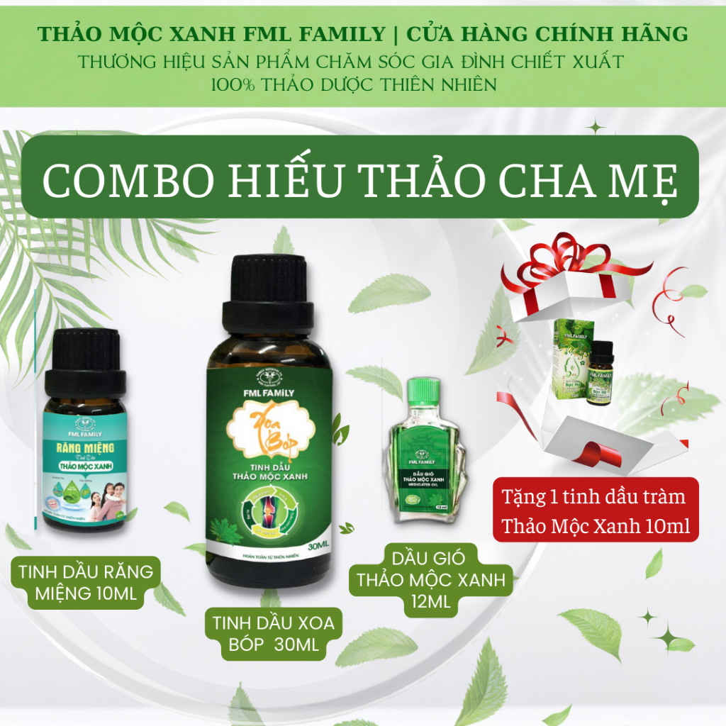 Combo chăm sóc sức khoẻ cho ông bà gồm tinh dầu răng miệng, dầu xoa bóp, dầu gió.Chiết xuất 100% thảo dược Thảo Mộc Xanh