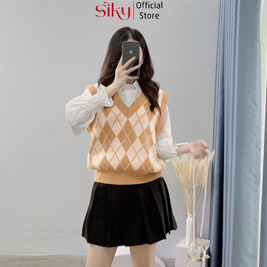 Áo gile nữ SIKY chất len dày dặn họa tiết caro nhiều màu phong cách Hàn Quốc siêu xinh - GL05