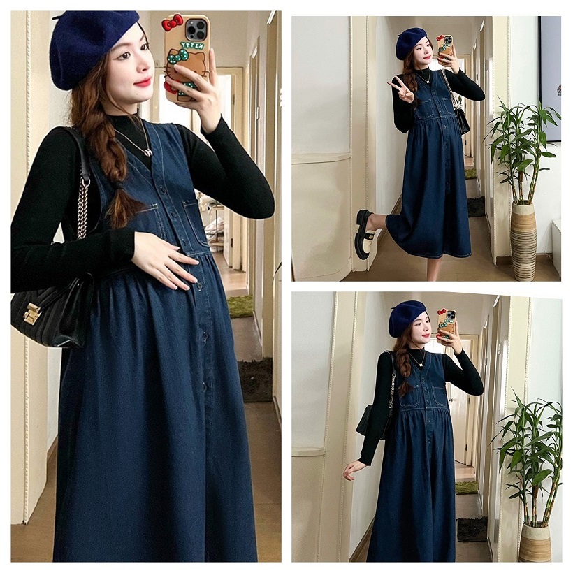 Set yếm bò thu đông sang xịn cho mẹ bầu và sau sinh nơi công sở Đầm bầu thu đẹp giá tại xưởng