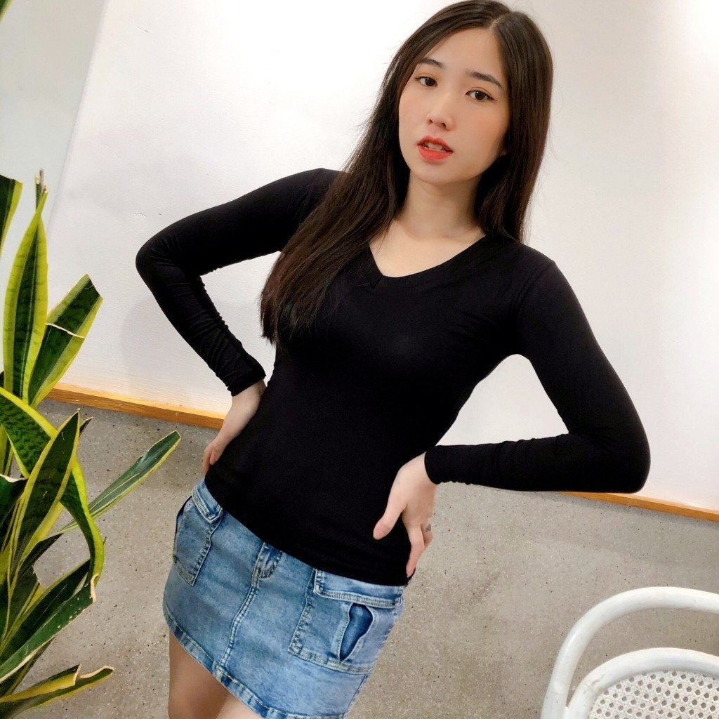 ÁO THUN NỮ Tay Dài Cổ Tim Size 40-55kg _ Chất Thun Mỏng mát, Mềm mại, Co giản Tốt