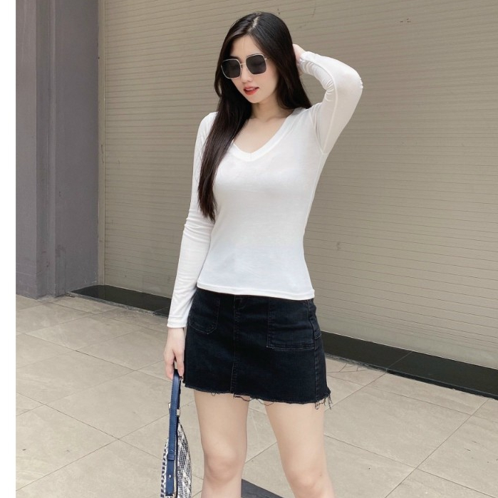 ÁO THUN NỮ Tay Dài Cổ Tim Size 40-55kg _ Chất Thun Mỏng mát, Mềm mại, Co giản Tốt