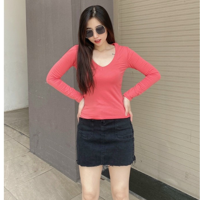 ÁO THUN NỮ Tay Dài Cổ Tim Size 40-55kg _ Chất Thun Mỏng mát, Mềm mại, Co giản Tốt