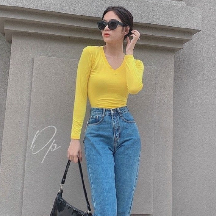 ÁO THUN NỮ Tay Dài Cổ Tim Size 40-55kg _ Chất Thun Mỏng mát, Mềm mại, Co giản Tốt