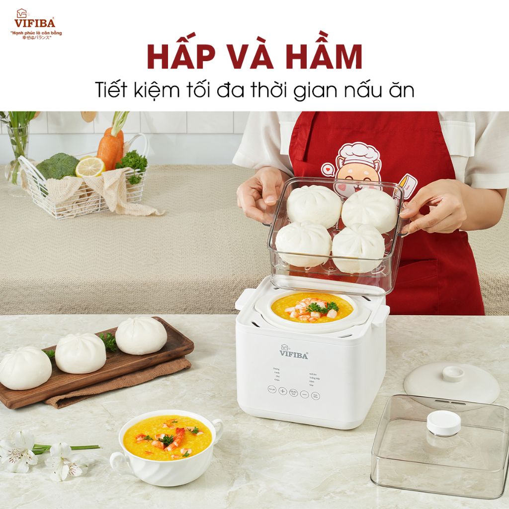 Nồi Nấu Chậm Đa Năng VIFIBA Kèm Hấp, 8 Chức Năng Nấu, Nồi Cho Bé Ăn Dặm, Nấu Cháo, Hầm, Hấp,....VE12