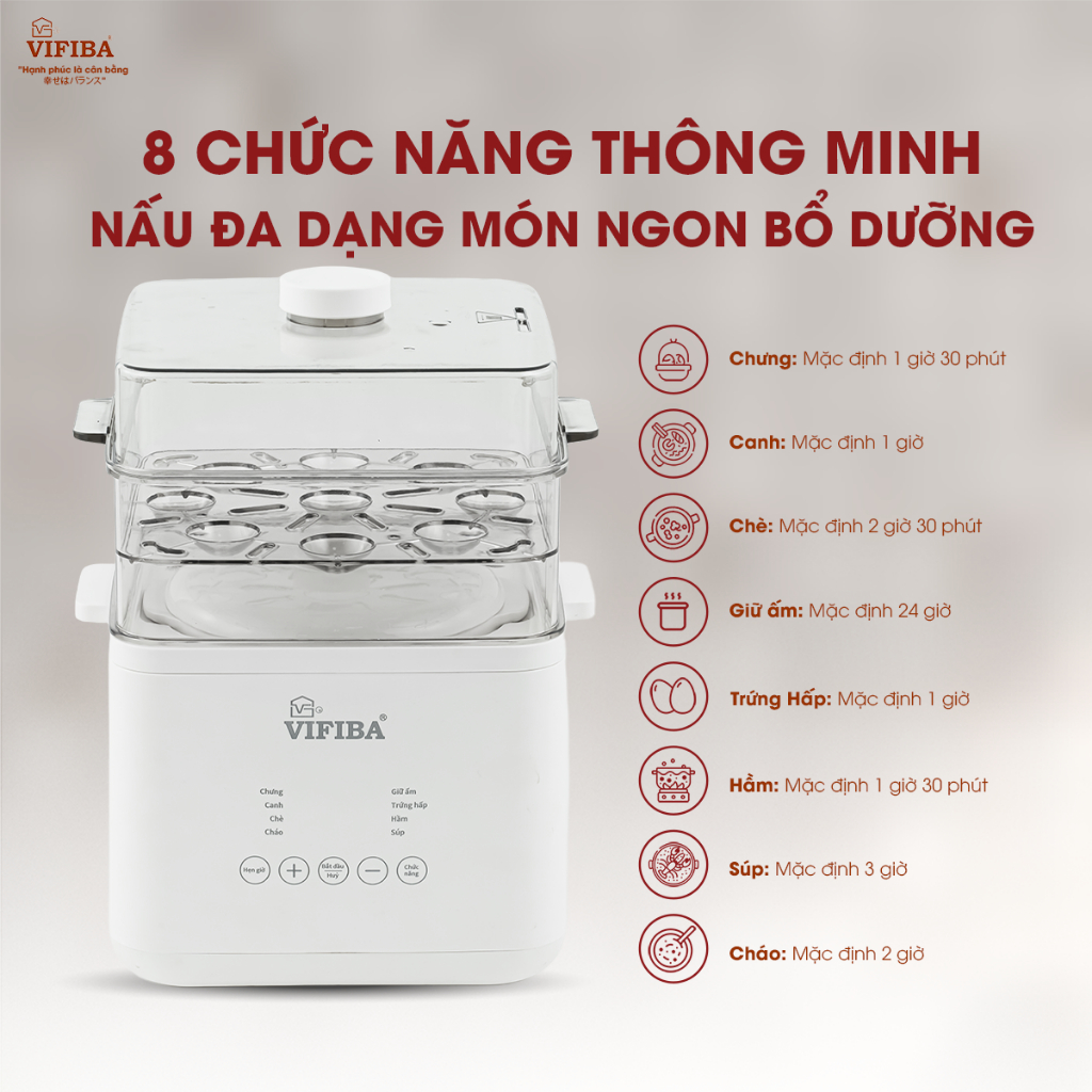 Nồi Nấu Chậm Đa Năng VIFIBA Kèm Hấp, 8 Chức Năng Nấu, Nồi Cho Bé Ăn Dặm, Nấu Cháo, Hầm, Hấp,....VE12