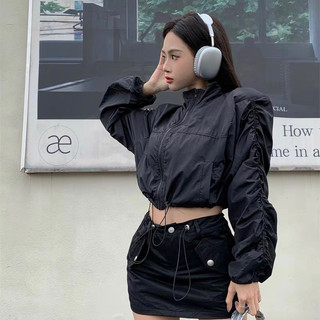 Áo khoác gió croptop tay bồng rút dây
