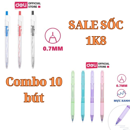 Combo 10 Bút Bi Dầu Mực Đen Xanh Deli Các Loại EQ24 EQ199 Pastel Thiết Kế Vỏ Trong Suốt Ngòi 0.7mm Giá Rẻ Chất Lượng Cao