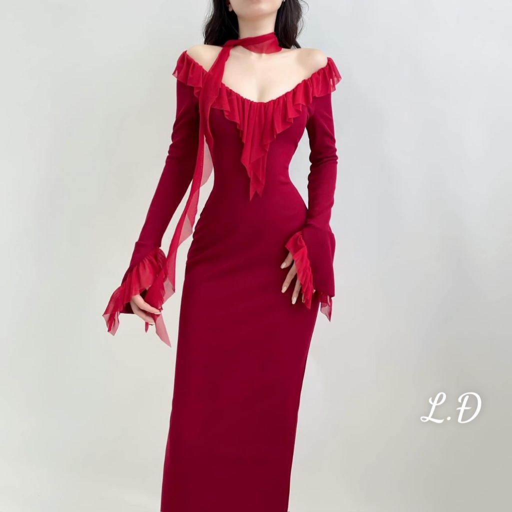 Váy Body Len Dài Tay Phối Bèo Dáng Dài Sang Chảnh Bùi Đượm Concept, Váy Dài Dự Tiệc Sang Trọng Nữ Tính Siêu Tôn Dáng