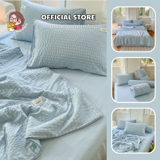 Bộ chăn ga gối cotton tici kẻ dúm chăn chần - nhiều màu - pishome