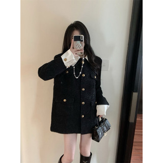 Áo Dạ Đen Áo Khoác Dạ Dáng Dài Phối Sơ Mi cúc vàng tiểu thư sang chảnh hot ulzzang