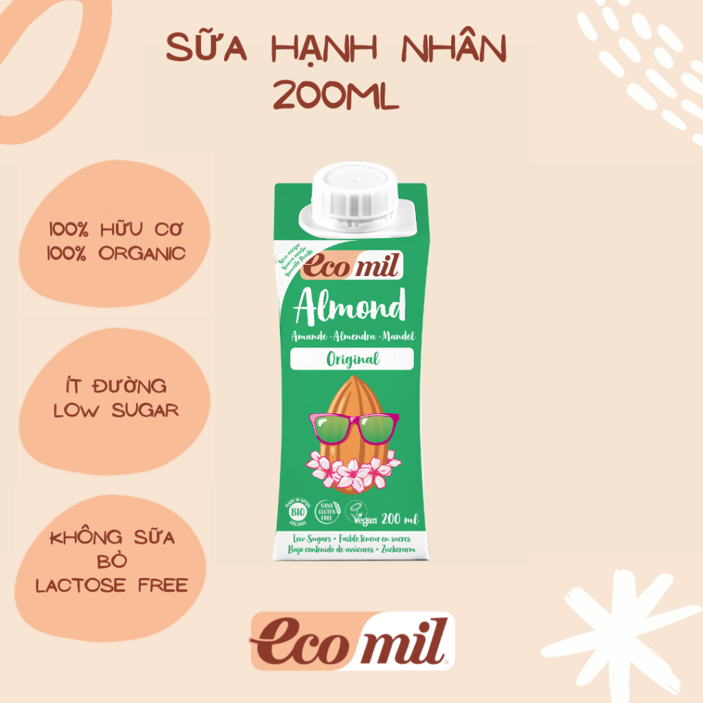Sữa Hạt Hạnh Nhân Nguyên Chất Hữu Cơ Organic Almond Milk Agave Bio Ecomil 200ml