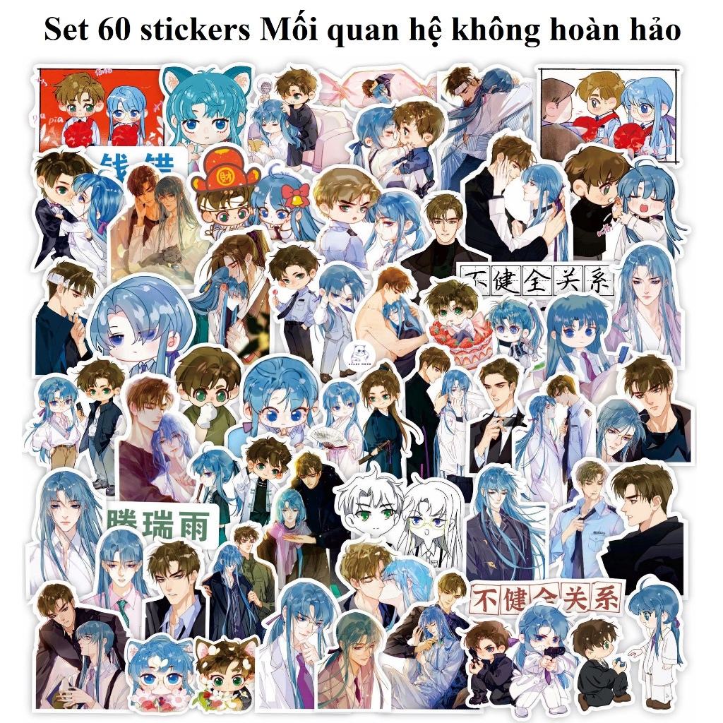 Set 60 Stickers Đọc thầm | Miếng hình dán trắng đen DIY / không trùng, chống thấm nước BL Manhua