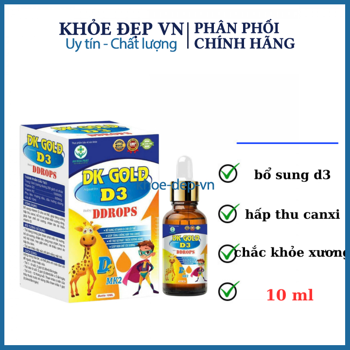 Vitamin DK GOLD Aquatrim D3 DDROPS giúp tăng cường hấp thu canxi, giúp hạn chế còi xương hộp 10 ml