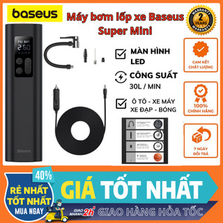 Máy bơm lốp xe baseus super mini inflator pump crcq000001, công suất 18000 vòng/phút, đa dụng tích hợp đèn pin bh 2 năm