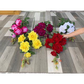 Hoa lụa,cành Hồng nhung 5 bông hàng tàu