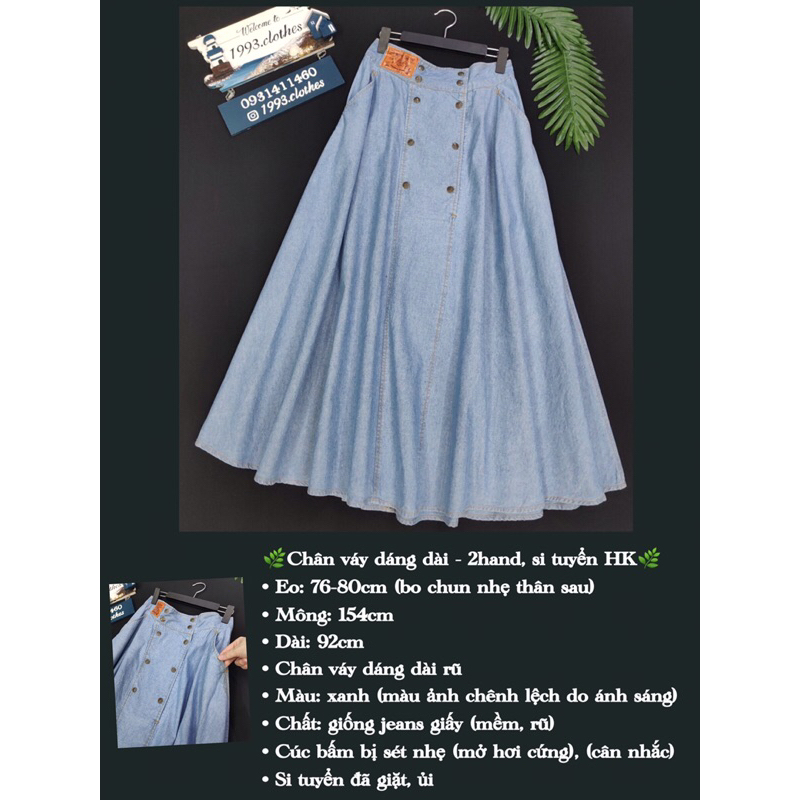 🌿Chân váy jeans dáng dài - 2hand, si tuyển HK🌿Eo 76-80cm