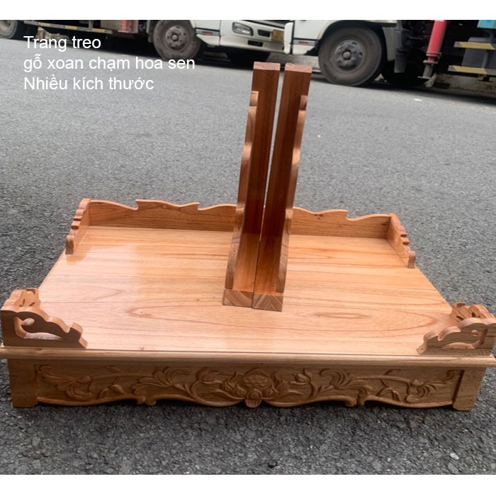 Bàn thờ treo tường gỗ xoan chạm khắc hoa sen màu gỗ tự nhiên - Kèm cặp eke -  Nhiều size