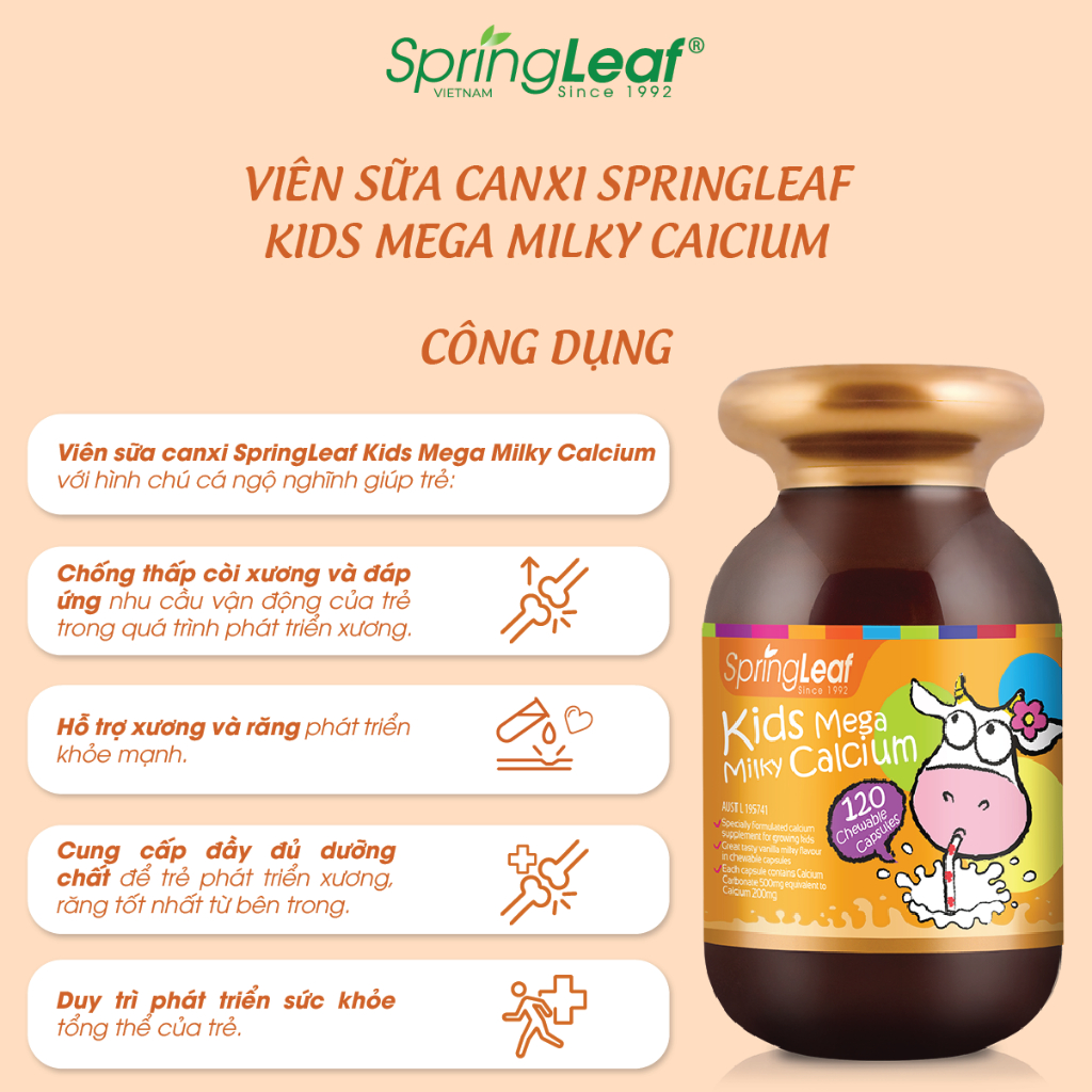 Viên nhai canxi sữa cho bé hỗ trợ giúp xương, răng và chiều cao của bé phát triển SpringLeaf Kids Milk Calcium 120 viên
