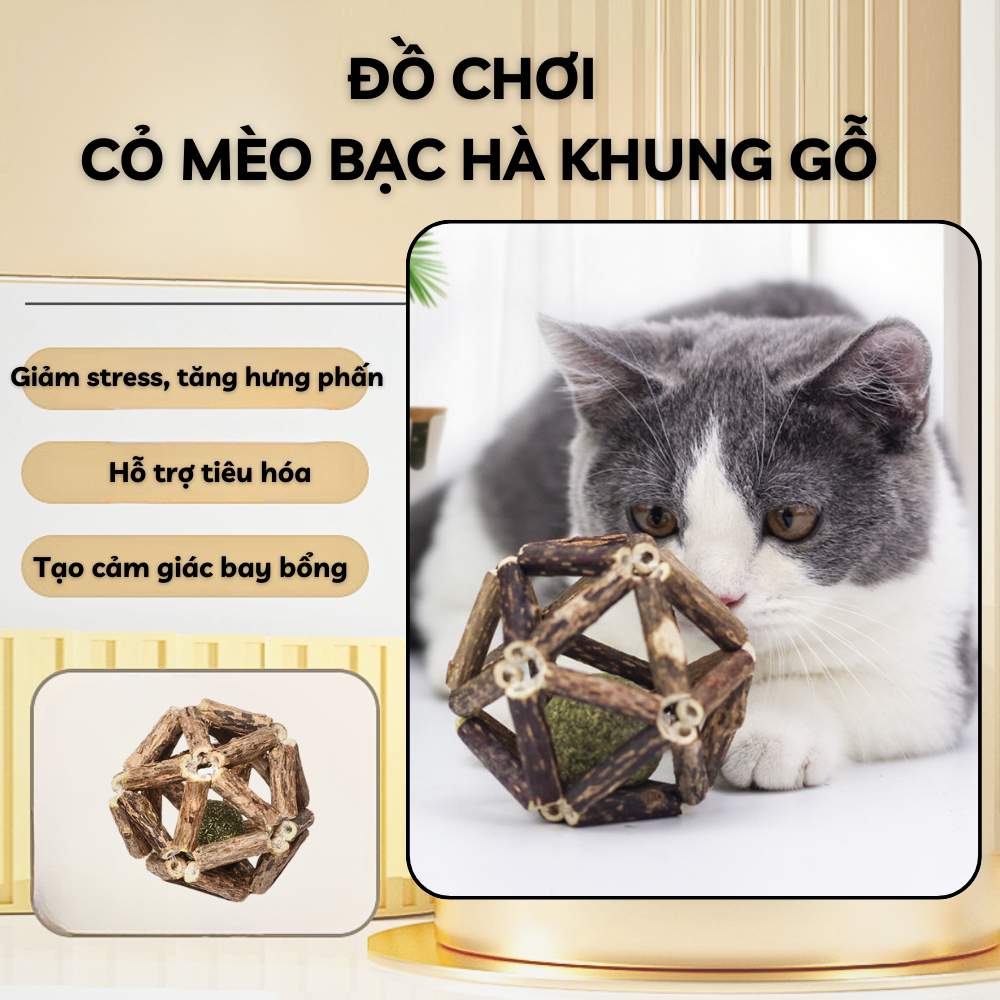Đồ chơi cỏ mèo catnip khung gỗ, Bóng Gặm cỏ bạc hà khung gỗ, Hỗ trợ cho mèo giảm stress tăng hưng phấn Home Pets