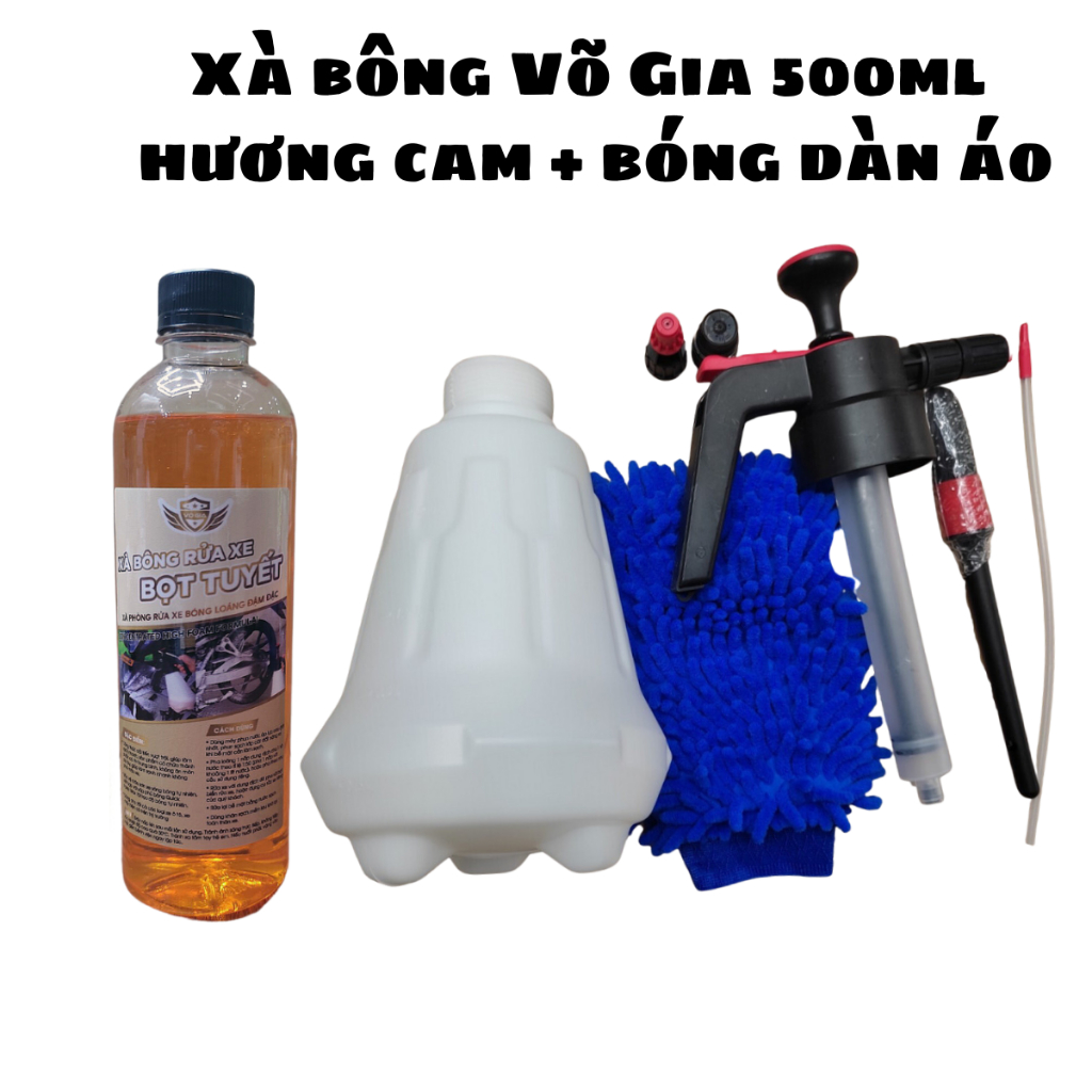 Bao tay rửa xe san hô - Bình xịt bọt tuyết 2L - cọ rửa xe (cọ bút) -Xà bông bọt tuyết Võ Gia 500ml