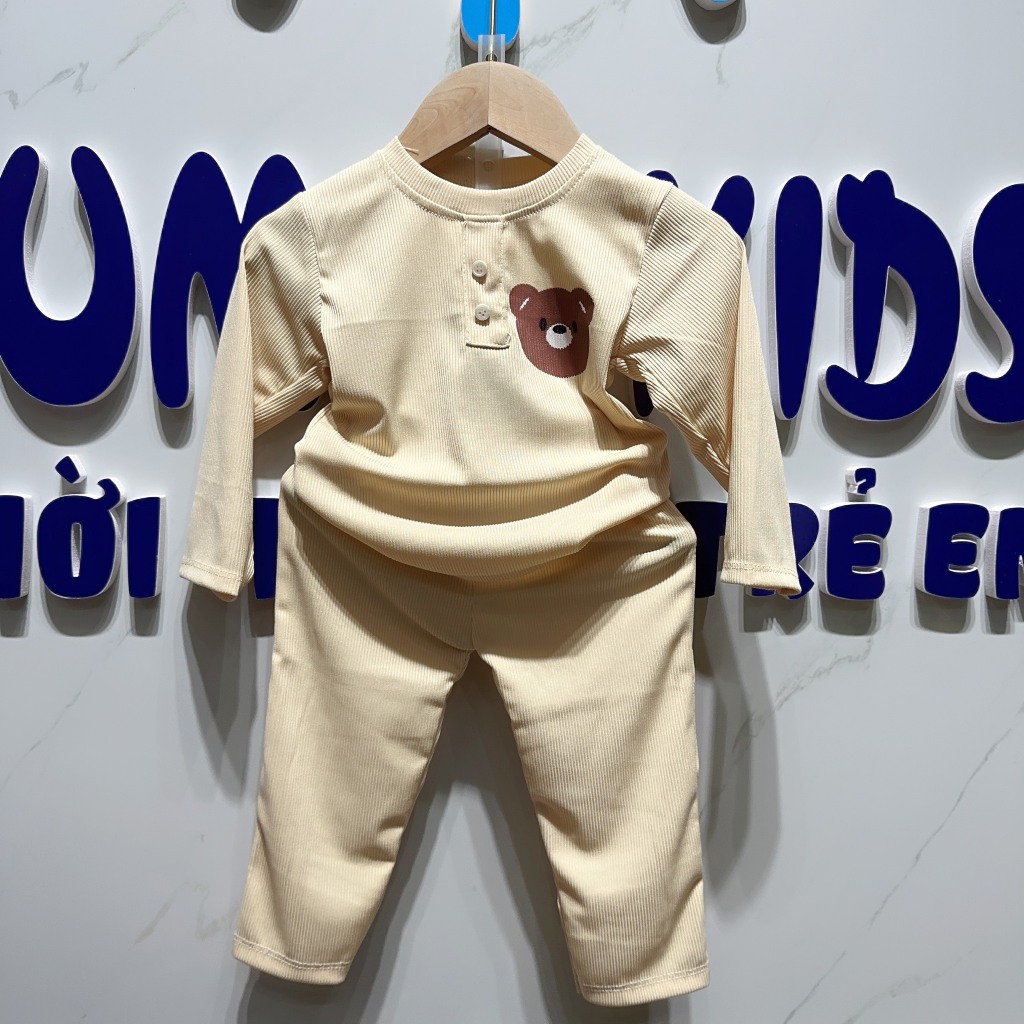 Bộ dài tay gân tăm cho bé trai bé gái in mặt gấu cực xinh cho bé từ 7 đến 17kg SUMO KIDS