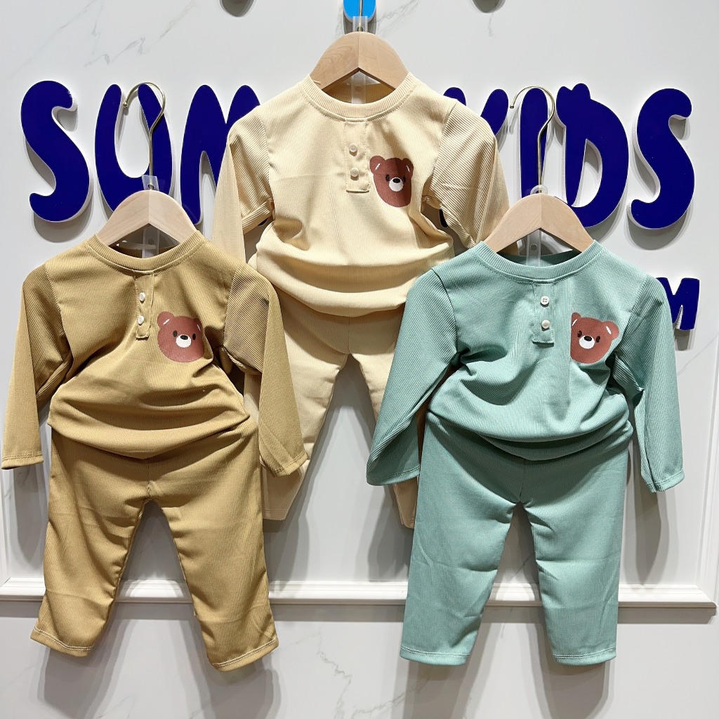 Bộ dài tay gân tăm cho bé trai bé gái in mặt gấu cực xinh cho bé từ 7 đến 17kg SUMO KIDS