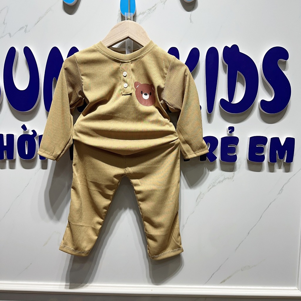 Bộ dài tay gân tăm cho bé trai bé gái in mặt gấu cực xinh cho bé từ 7 đến 17kg SUMO KIDS