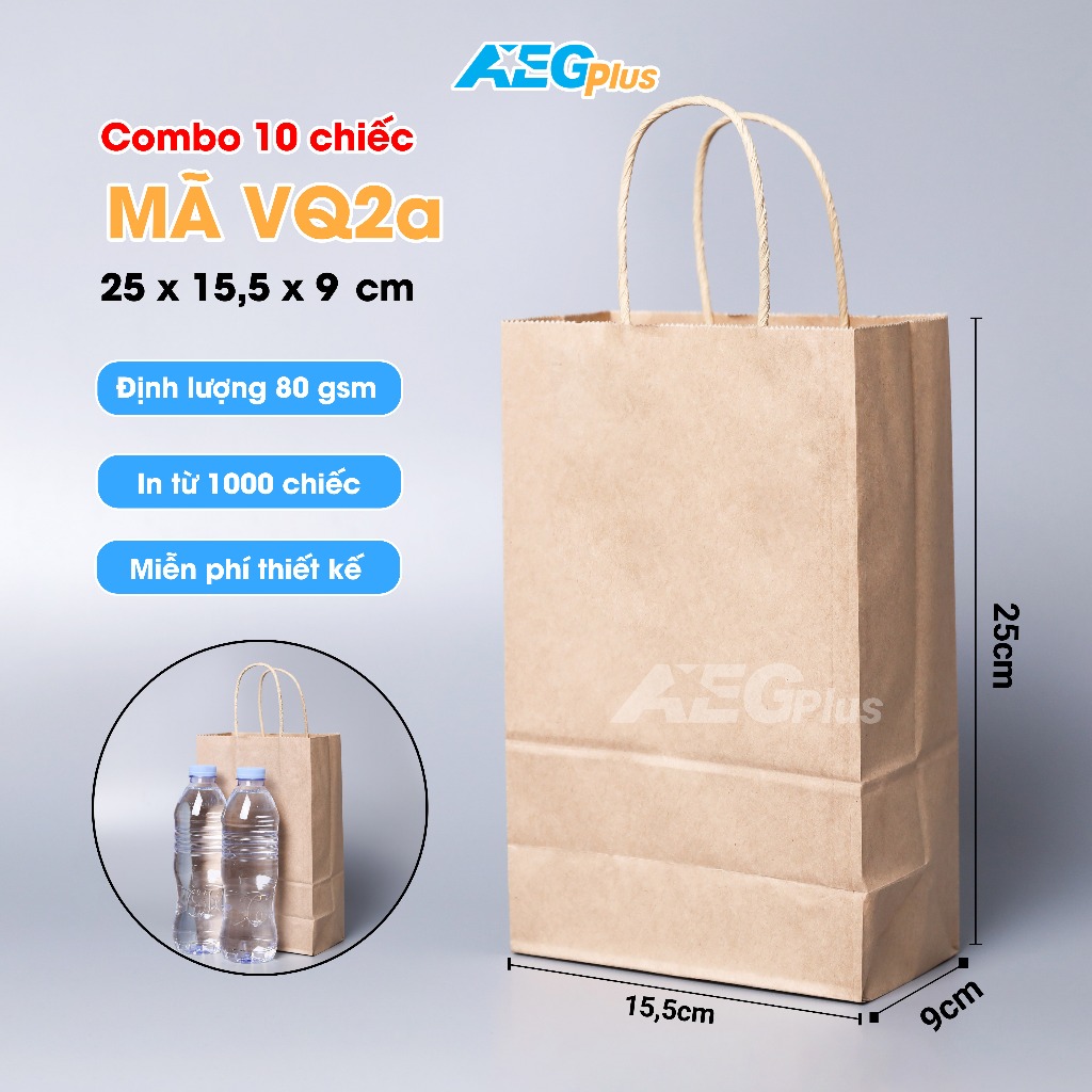 10 chiếc túi giấy Kraft kích thước 25x15,5x9cm nâu, trơn có quai xách Mã VQ2a đựng quà tặng, thực phẩm tươi, khô