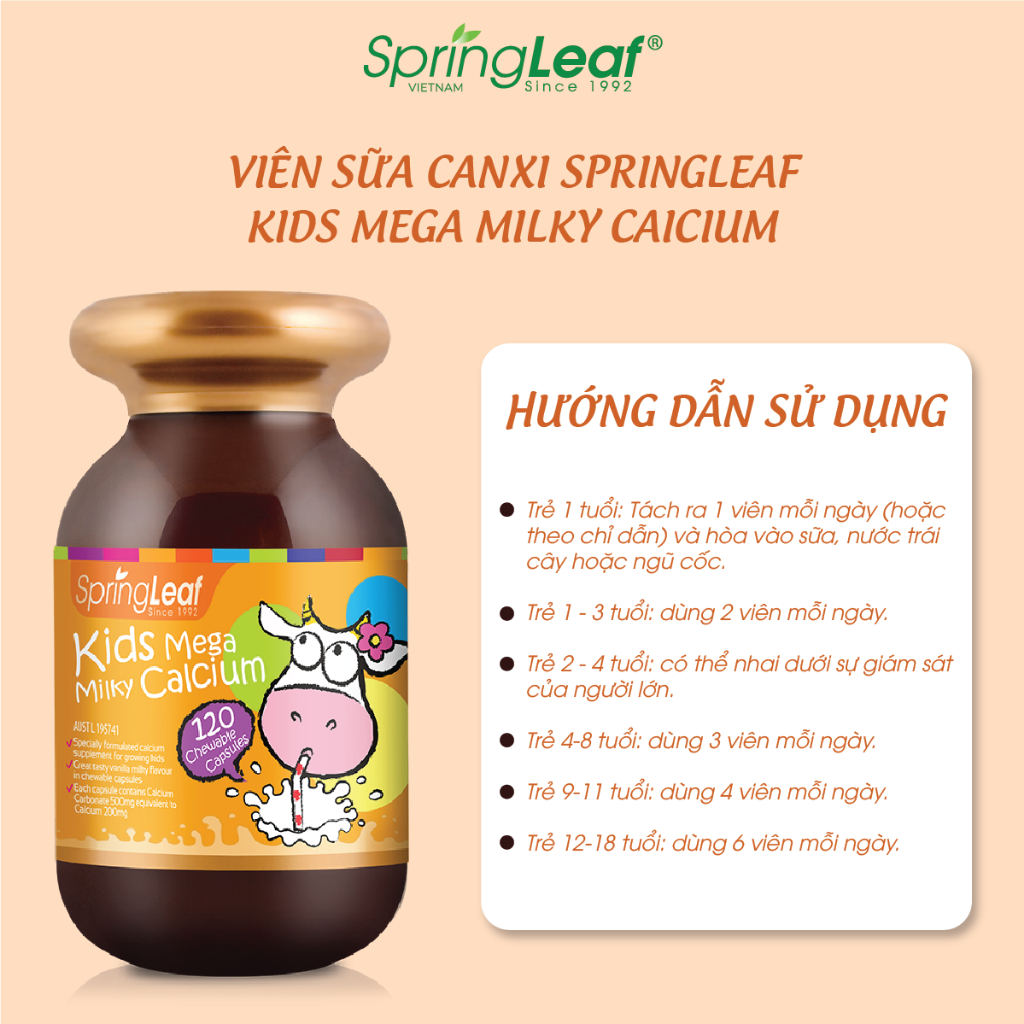 Viên nhai canxi sữa cho bé hỗ trợ giúp xương, răng và chiều cao của bé phát triển SpringLeaf Kids Milk Calcium 120 viên