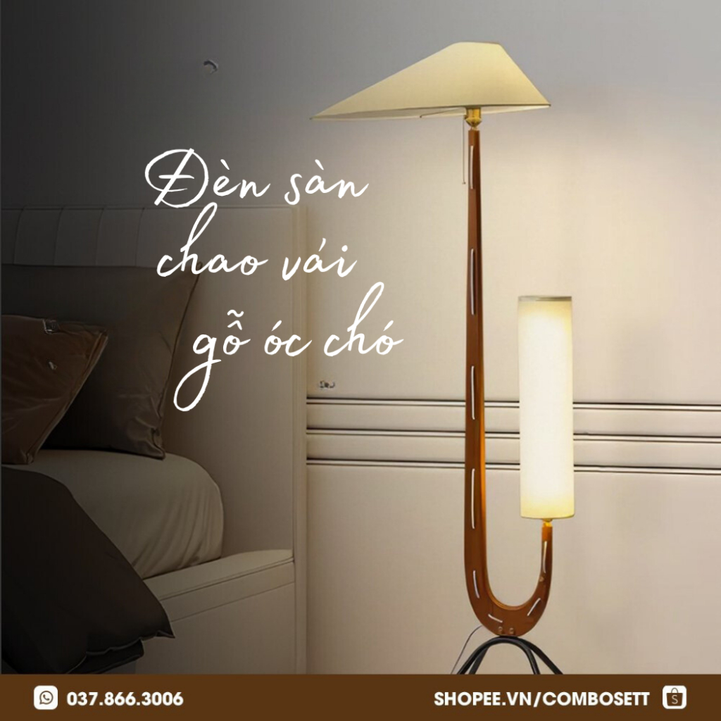 Đèn sàn cao cấp, đèn cây đứng thân gỗ óc chó phong cách Bắc Âu trang trí phòng ngủ, phòng khách, đèn chao đôi hiện đại