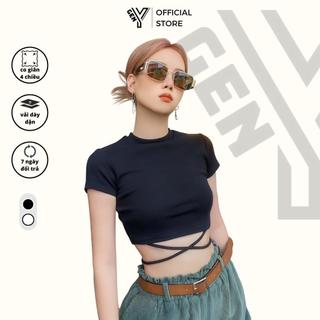 Áo croptop ngắn tay nữ buộc dây quanh eo GenY, áo kiểu nữ cổ tròn vải borip eo quấn dây cực tôn eo -C11-