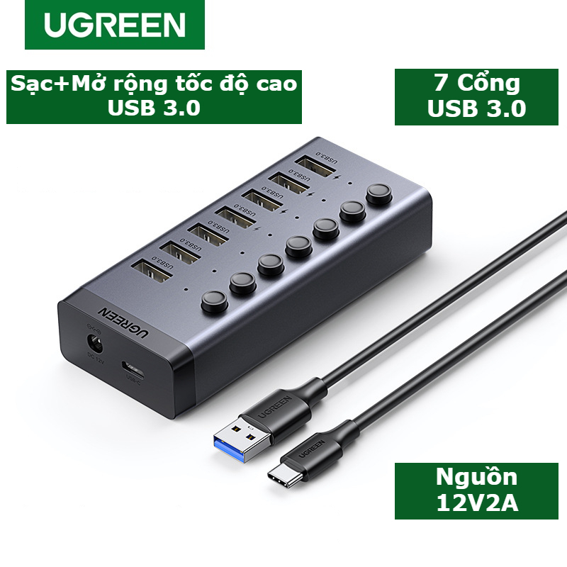 Hub USB 3.0 Ugreen chia ra 7 cổng, 10 cổng USB, có kèm bộ nguồn hỗ trợ sạc nhanh, công tắc riêng, truyền dữ liệu ổn định