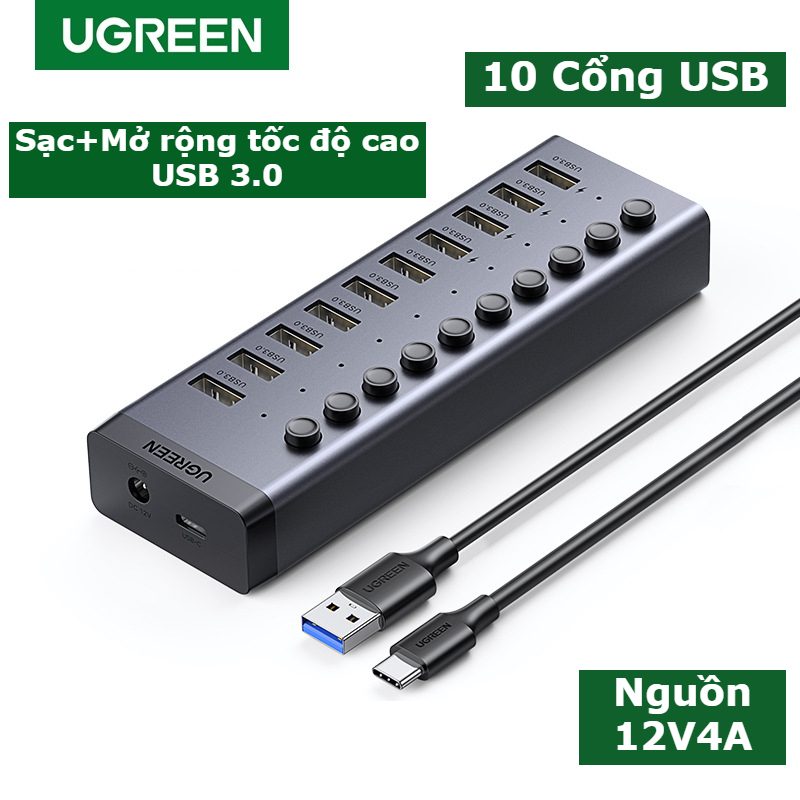 Hub USB 3.0 Ugreen chia ra 7 cổng, 10 cổng USB, có kèm bộ nguồn hỗ trợ sạc nhanh, công tắc riêng, truyền dữ liệu ổn định