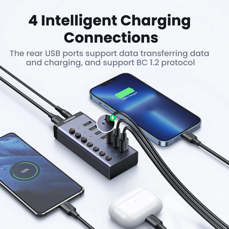 Hub USB 3.0 Ugreen chia ra 7 cổng, 10 cổng USB, có kèm bộ nguồn hỗ trợ sạc nhanh, công tắc riêng, truyền dữ liệu ổn định