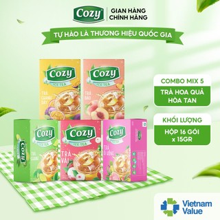 Combo 5 Trà Hòa Tan Cozy Ice Tea Các Vị Thức Uống Giải Khát Thanh Nhiệt, Tươi Mát (Hộp 16 gói x 15gr)
