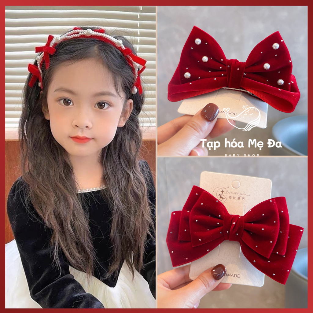 Băng đô/bờm cài tóc/kẹp tóc nơ nhung màu đỏ/đen phong cách Giáng Sinh/Noel Hàn Quốc siêu sang cho bé phụ kiện Xmas