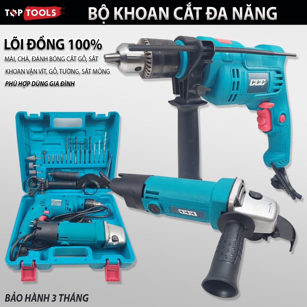 Combo máy khoan+ mài góc, máy khoan đầu 13ly 550w có chế độ đấm, máy mài 750w phù hợp dùng gia đình