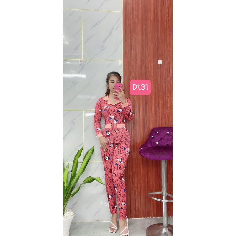 Pijama thun tay dài cổ sơ mi, chất thun co giãn tốt
